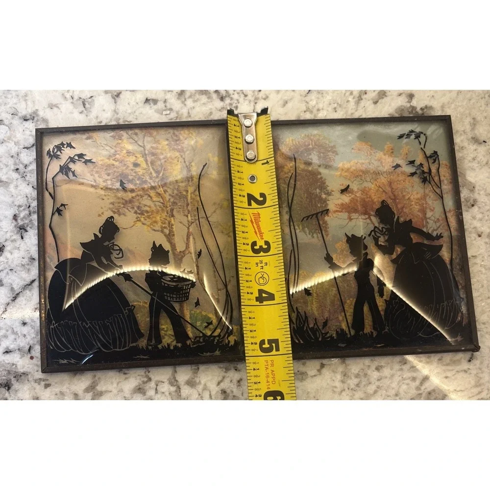 2 Vintage Convex Glass Reverse Painted Wall Art Victorian‎ Lady Child Garden 4x5